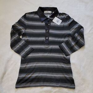 Bugatchi women's large gray black stripes 3/4 sleeve button collar shirt